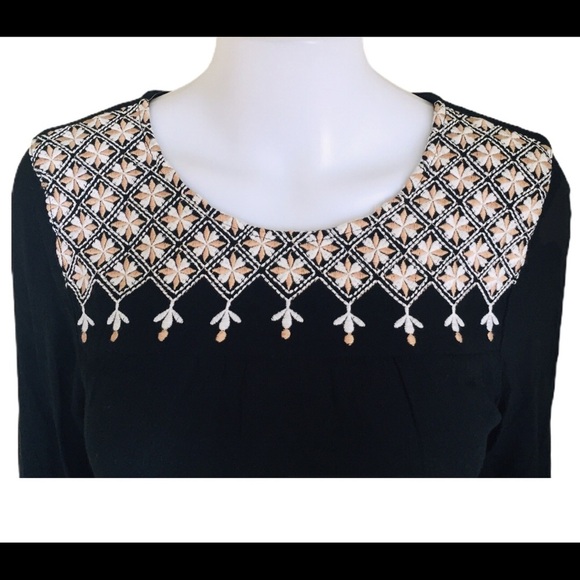 GAP Boho Embroidery Peasant Blouse With Long Sleeves Black/Ivory Size XS - Picture 11 of 15